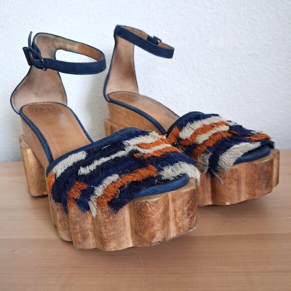 Tory Burch Shoes - Tory Burch Fringe Platform Sandals Blue Suede SZ 8M Chunky Wood Buckle Strap